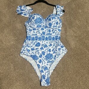 Blue and White Floral One-Piece Swimsuit